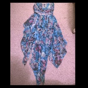 Blue multi colored strapless dress
